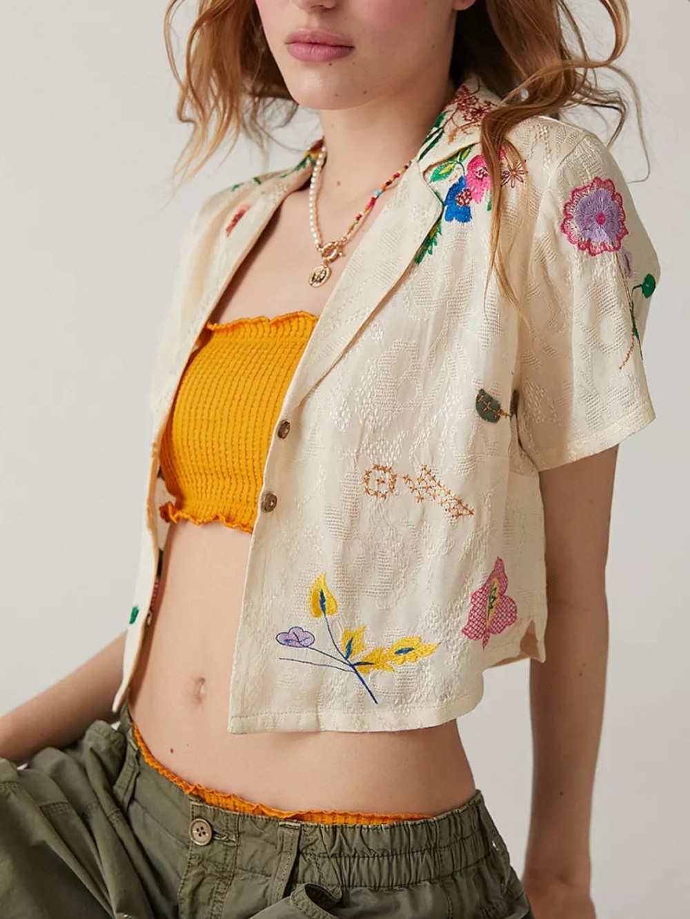 Urban Outfitters Eden Embroidered Souvenir  Button-Up crop shirt in botanical XS - Picture 3 of 8